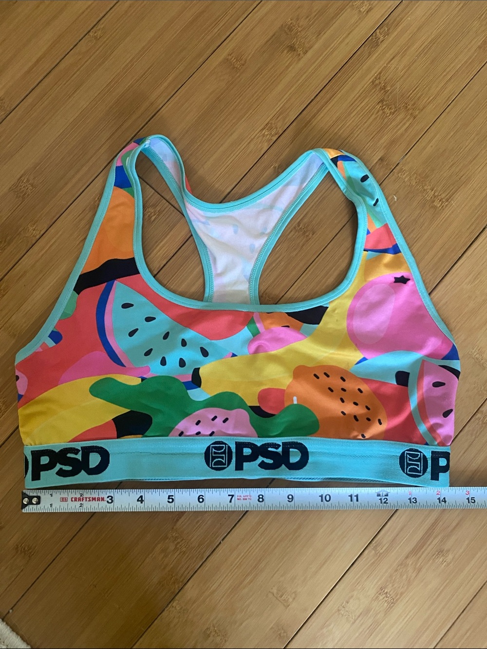 PSD Multicolor Fruit-Pattern Racerback Sports Bra with Aqua Band - Picture 4 of 6